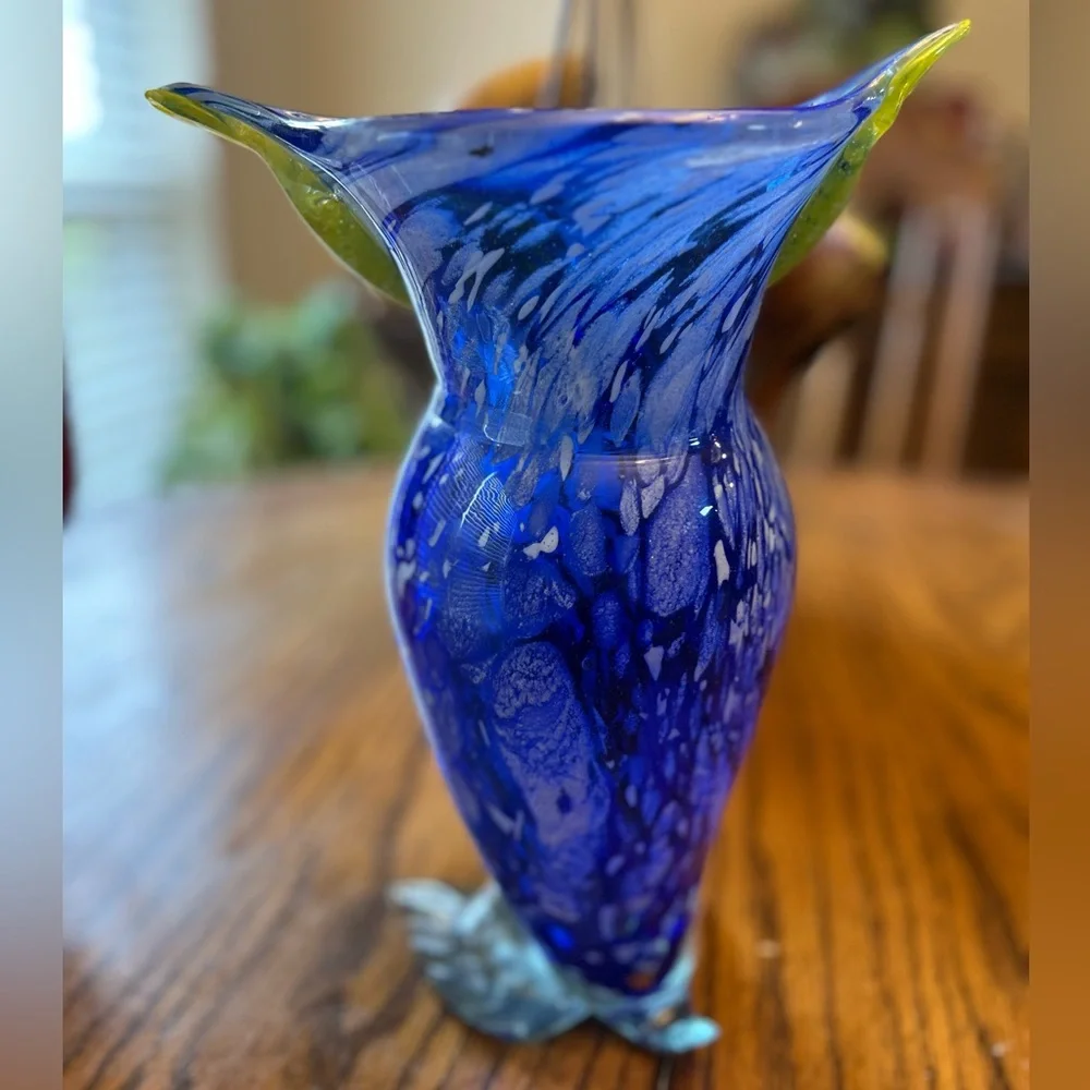 Vintage Murano Glass Hand Blown 12 Inch Tall Blue and Yellow Decorative Owl Vase